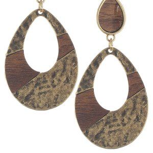 Gold Hammered Metal Wood Tear Drop Post Earrings